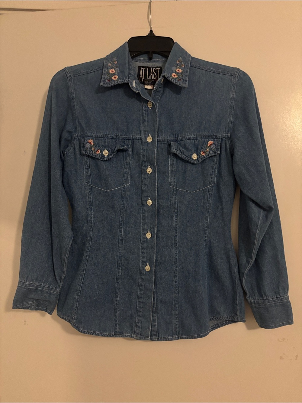 At Last Blue Denim Button-Down Shirt with Embroidered Collar & Pockets